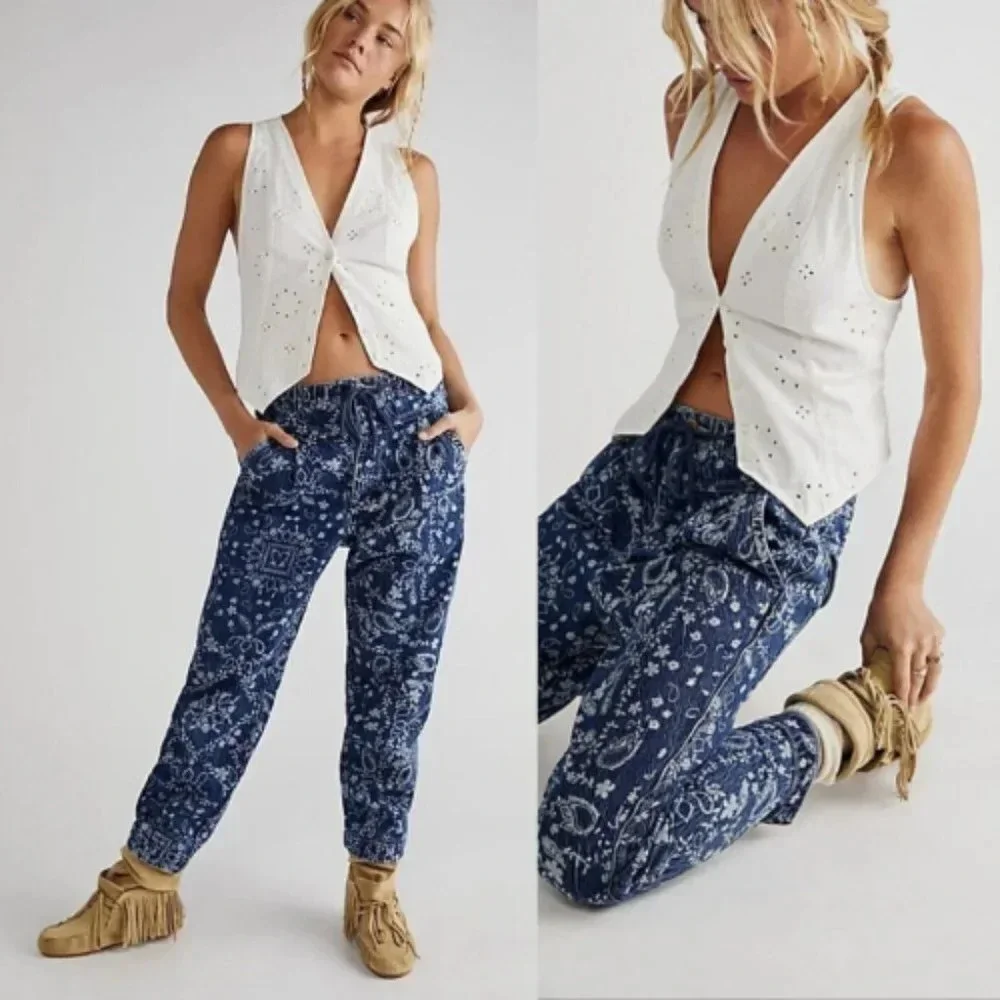New! We the Free People Mixed Up Printed Utility Jeans belt 28257